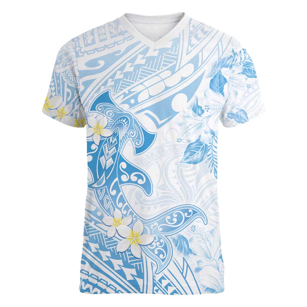 Polynesia Hammerhead Shark Women V-Neck T-Shirt Tropical Flowers Tribal Pattern Blue