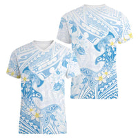 Polynesia Hammerhead Shark Women V-Neck T-Shirt Tropical Flowers Tribal Pattern Blue