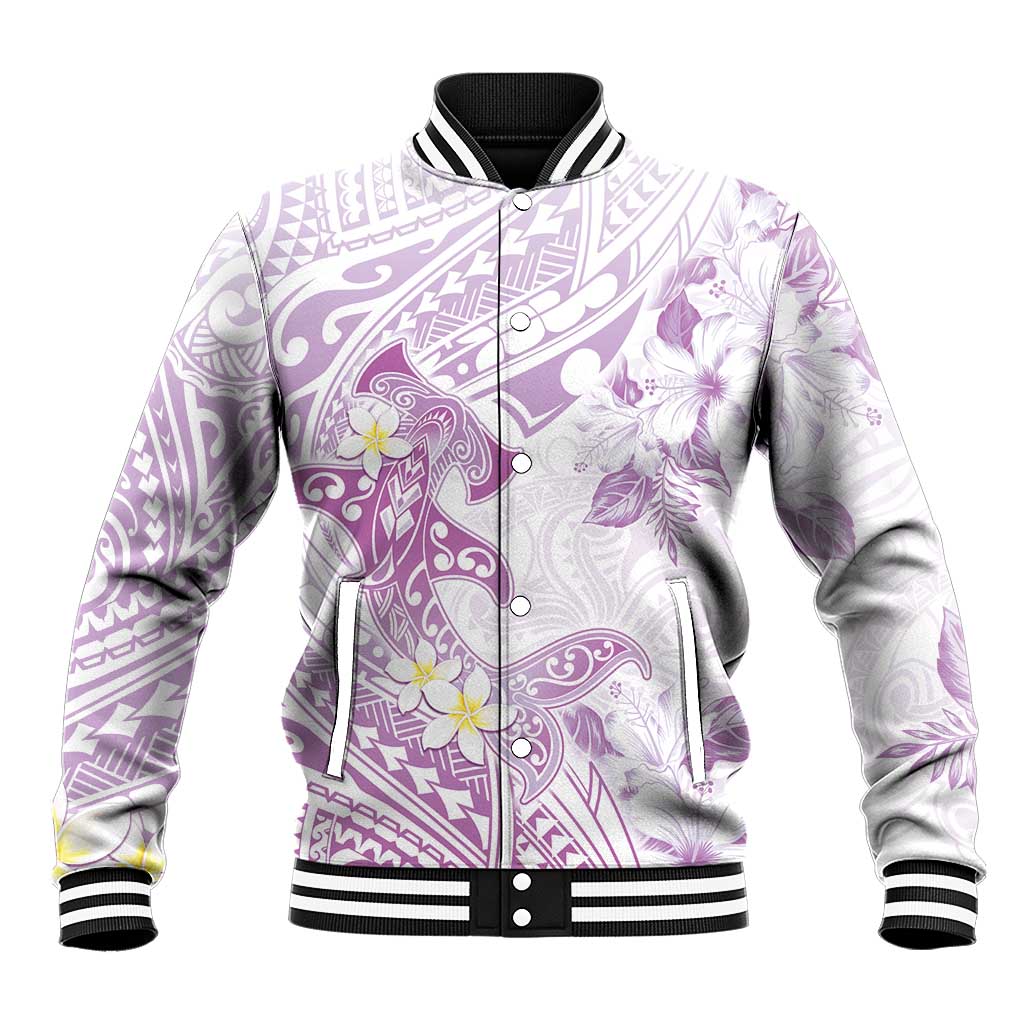 Polynesia Hammerhead Shark Baseball Jacket Tropical Flowers Tribal Pattern Lavender