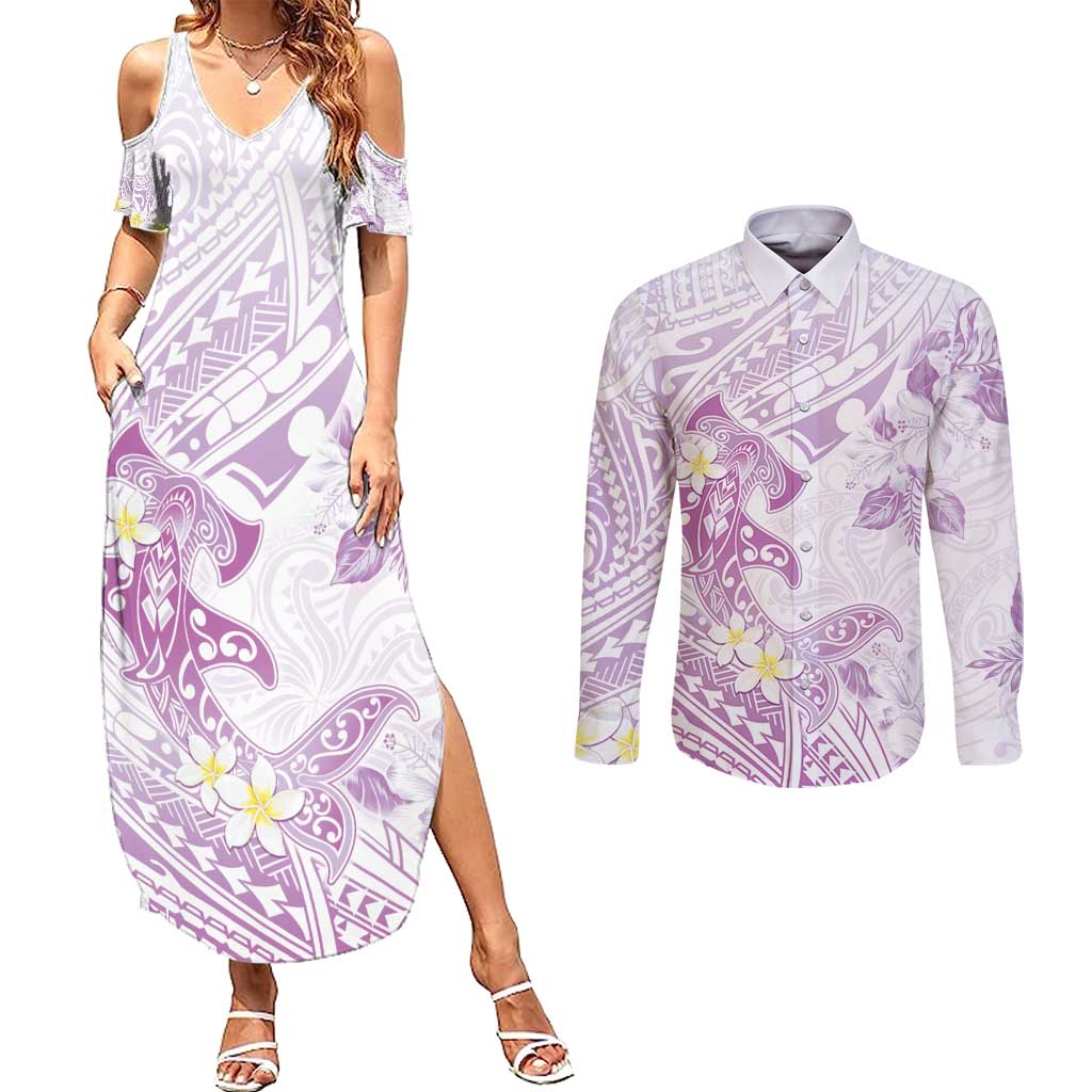 Polynesia Hammerhead Shark Couples Matching Summer Maxi Dress and Long Sleeve Button Shirt Tropical Flowers Tribal Pattern Lavender LT05 Purple - Polynesian Pride