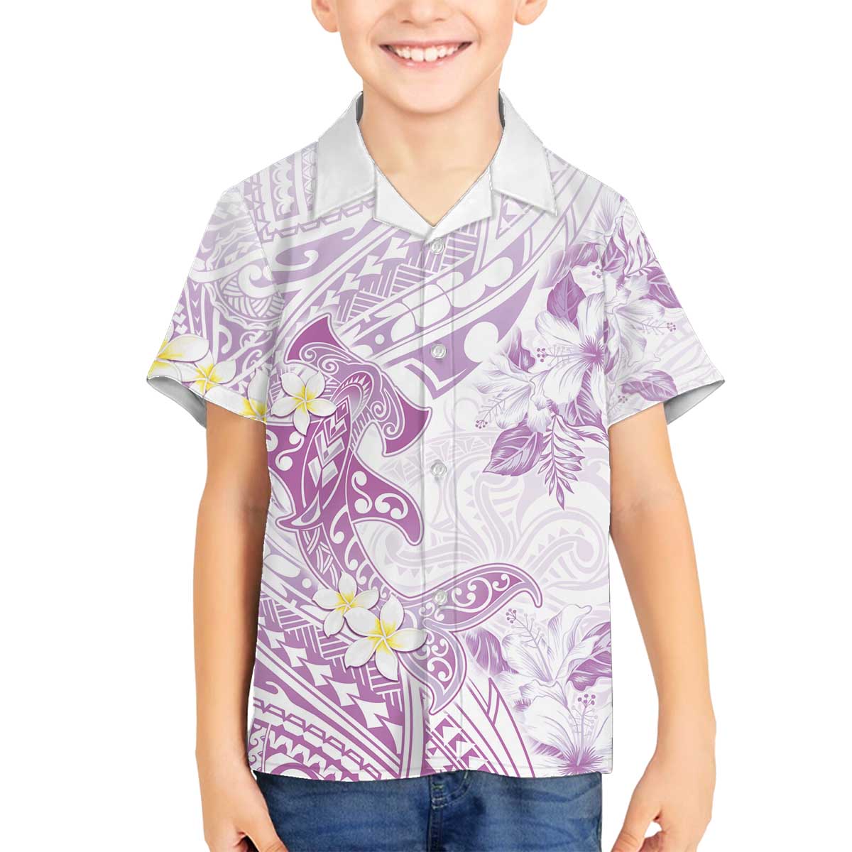 Polynesia Hammerhead Shark Family Matching Off The Shoulder Long Sleeve Dress and Hawaiian Shirt Tropical Flowers Tribal Pattern Lavender LT05 Son's Shirt Purple - Polynesian Pride