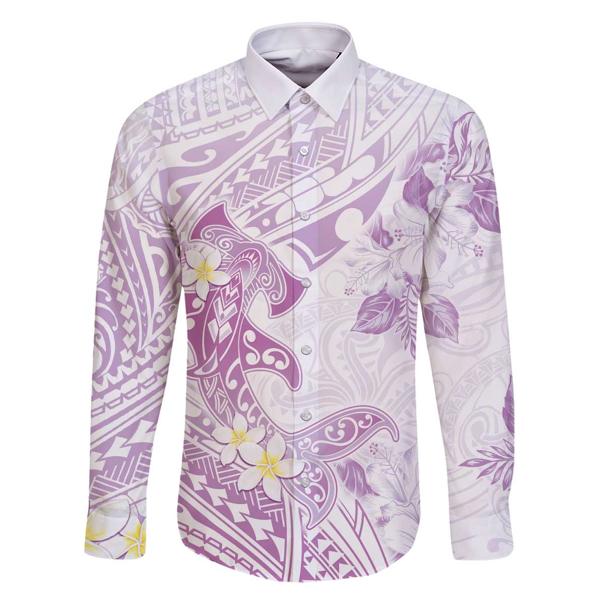 Polynesia Hammerhead Shark Family Matching Puletasi and Hawaiian Shirt Tropical Flowers Tribal Pattern Lavender