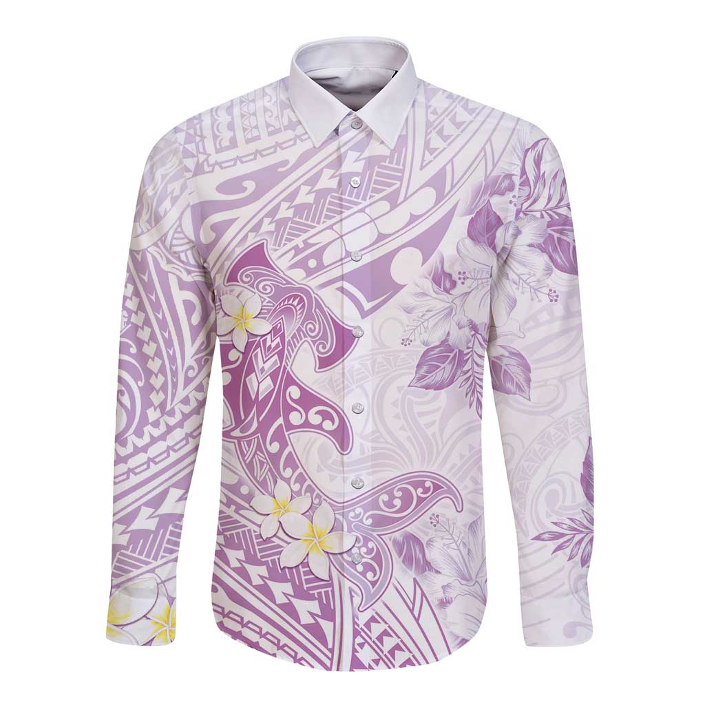 Polynesia Hammerhead Shark Long Sleeve Button Shirt Tropical Flowers Tribal Pattern Lavender LT05 Unisex Purple - Polynesian Pride