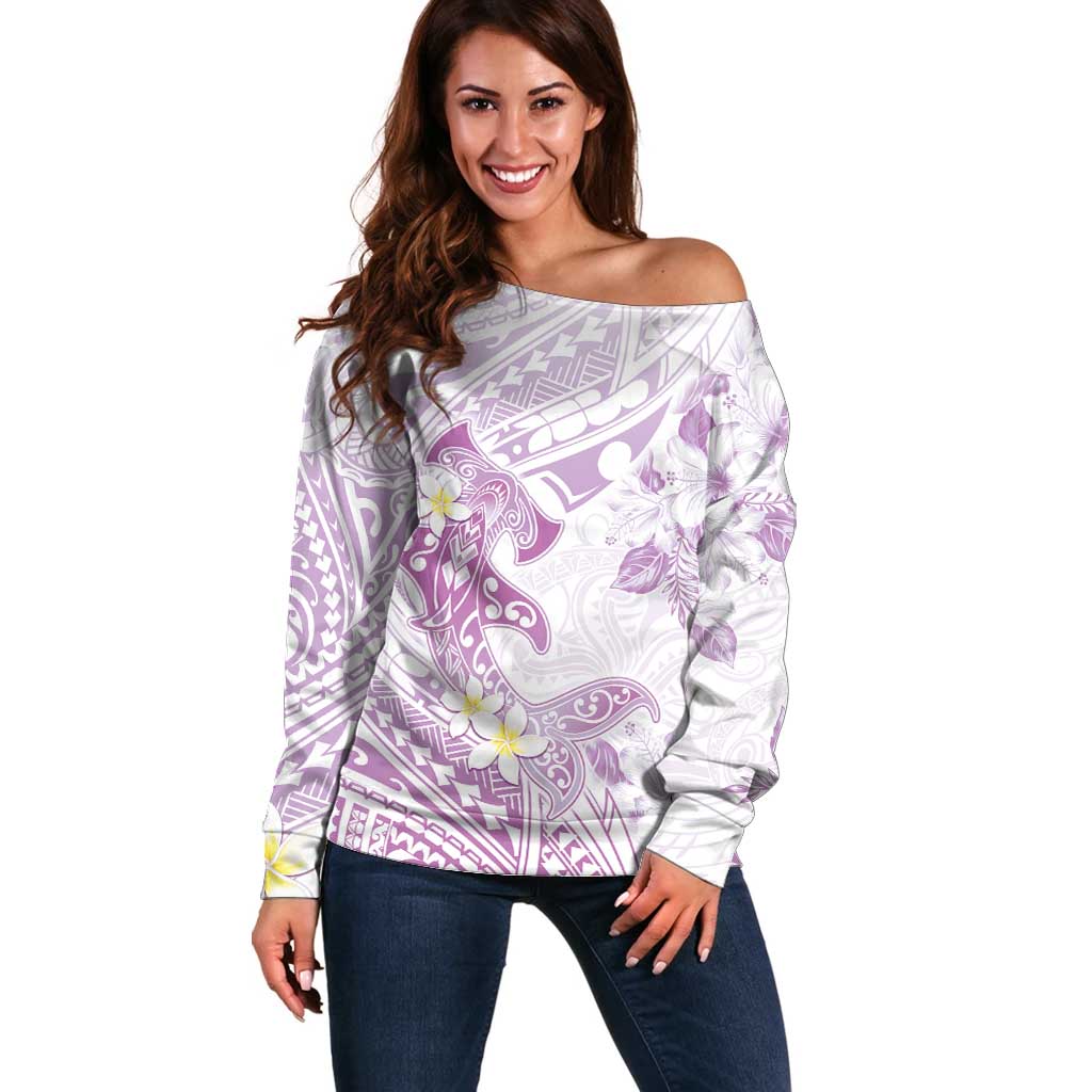 Polynesia Hammerhead Shark Off Shoulder Sweater Tropical Flowers Tribal Pattern Lavender LT05 Women Purple - Polynesian Pride
