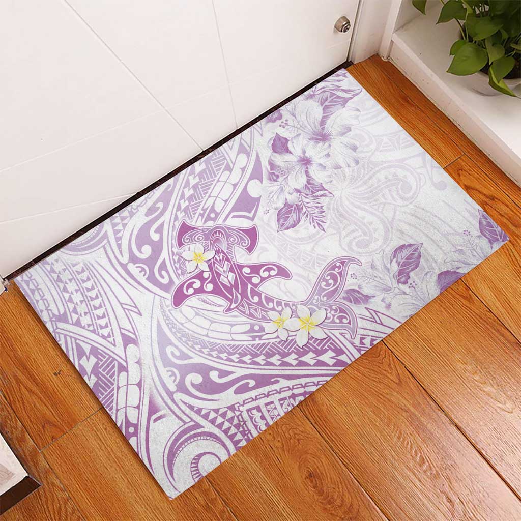 Polynesia Hammerhead Shark Rubber Doormat Tropical Flowers Tribal Pattern Lavender