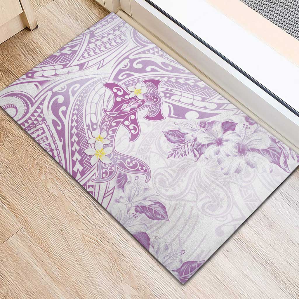 Polynesia Hammerhead Shark Rubber Doormat Tropical Flowers Tribal Pattern Lavender