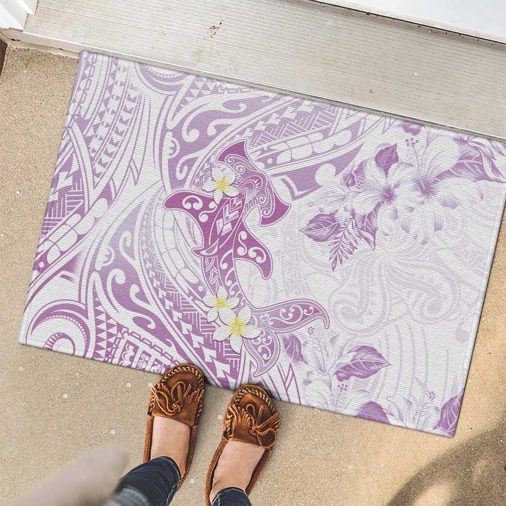 Polynesia Hammerhead Shark Rubber Doormat Tropical Flowers Tribal Pattern Lavender
