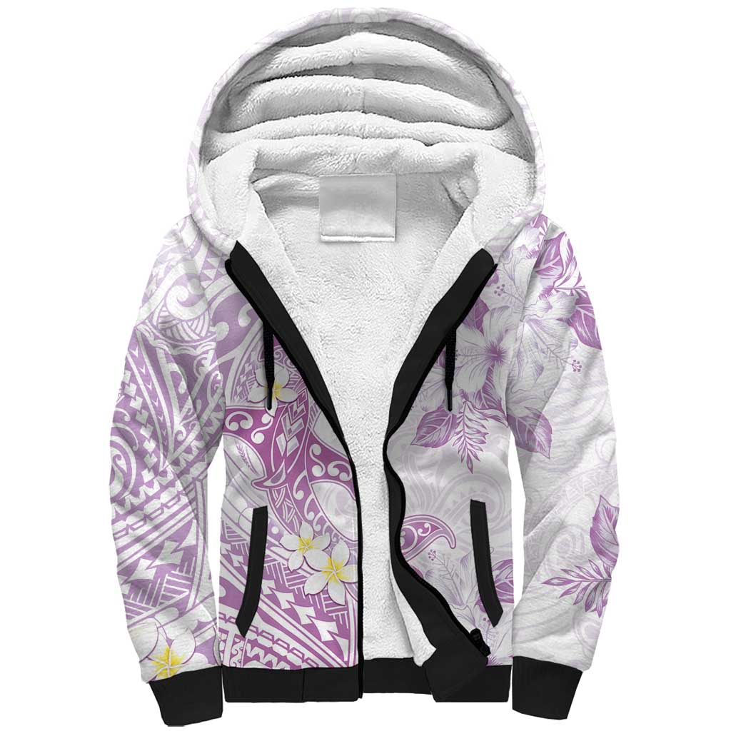 Polynesia Hammerhead Shark Sherpa Hoodie Tropical Flowers Tribal Pattern Lavender LT05 Unisex Purple - Polynesian Pride