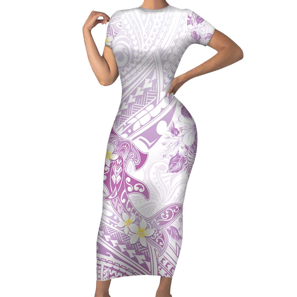 Polynesia Hammerhead Shark Short Sleeve Bodycon Dress Tropical Flowers Tribal Pattern Lavender LT05 Long Dress Purple - Polynesian Pride