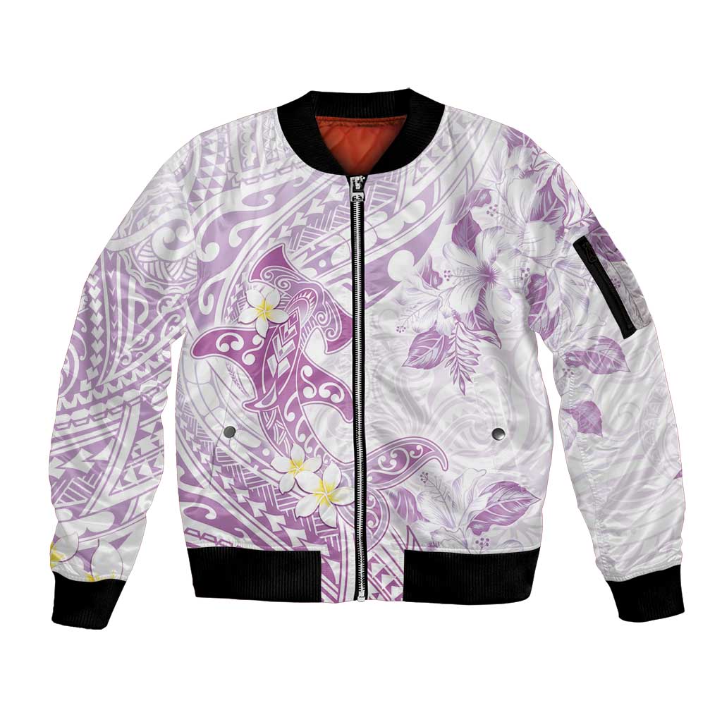 Polynesia Hammerhead Shark Sleeve Zip Bomber Jacket Tropical Flowers Tribal Pattern Lavender LT05 Unisex Purple - Polynesian Pride