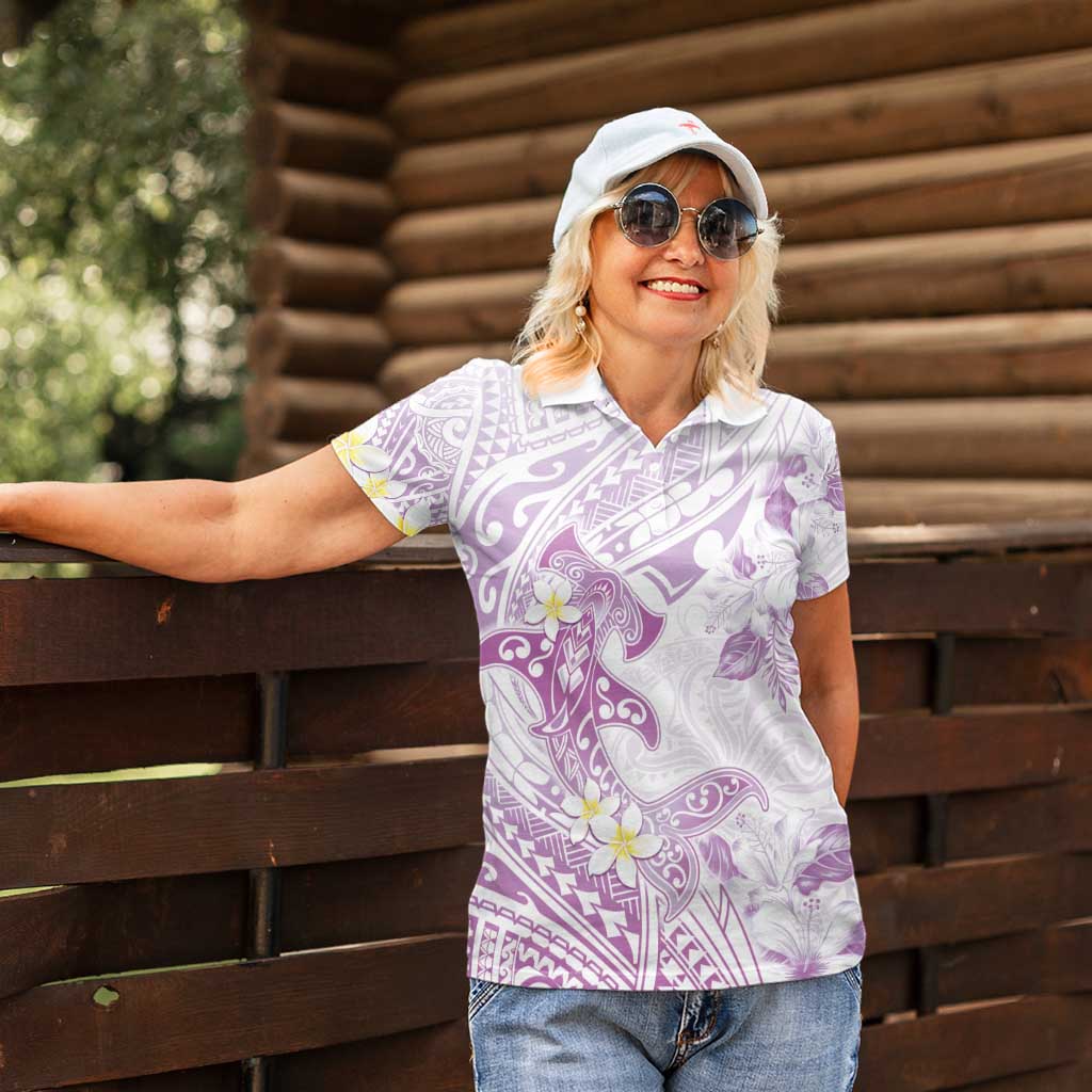 Polynesia Hammerhead Shark Women Polo Shirt Tropical Flowers Tribal Pattern Lavender