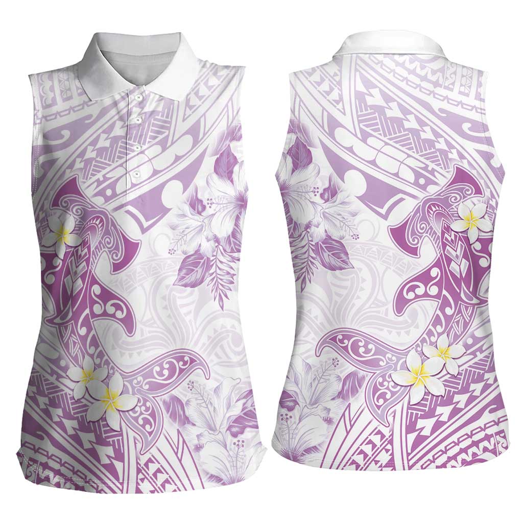 Polynesia Hammerhead Shark Women Sleeveless Polo Shirt Tropical Flowers Tribal Pattern Lavender