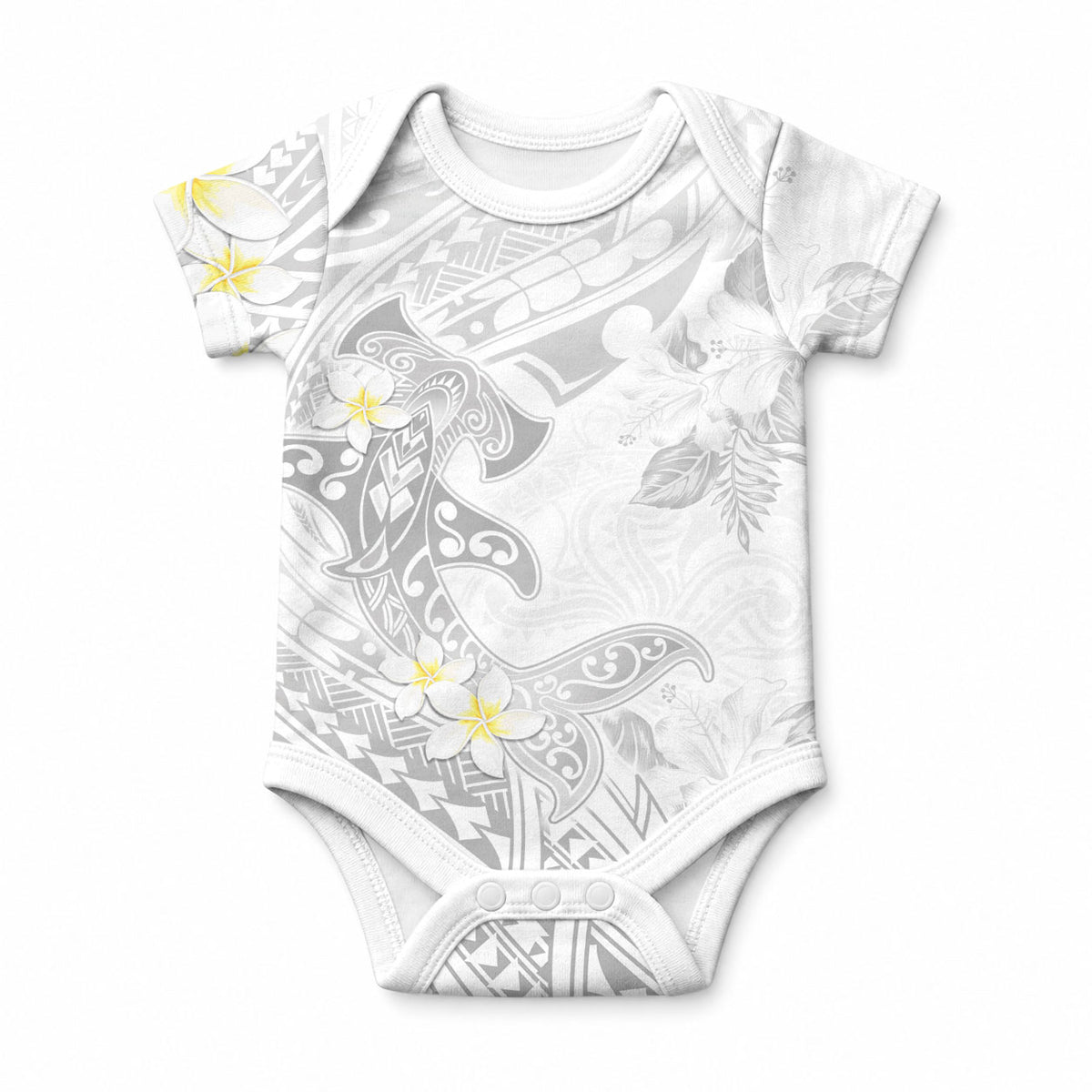 Polynesia Hammerhead Shark Baby Onesie Tropical Flowers Tribal Pattern White LT05 White - Polynesian Pride