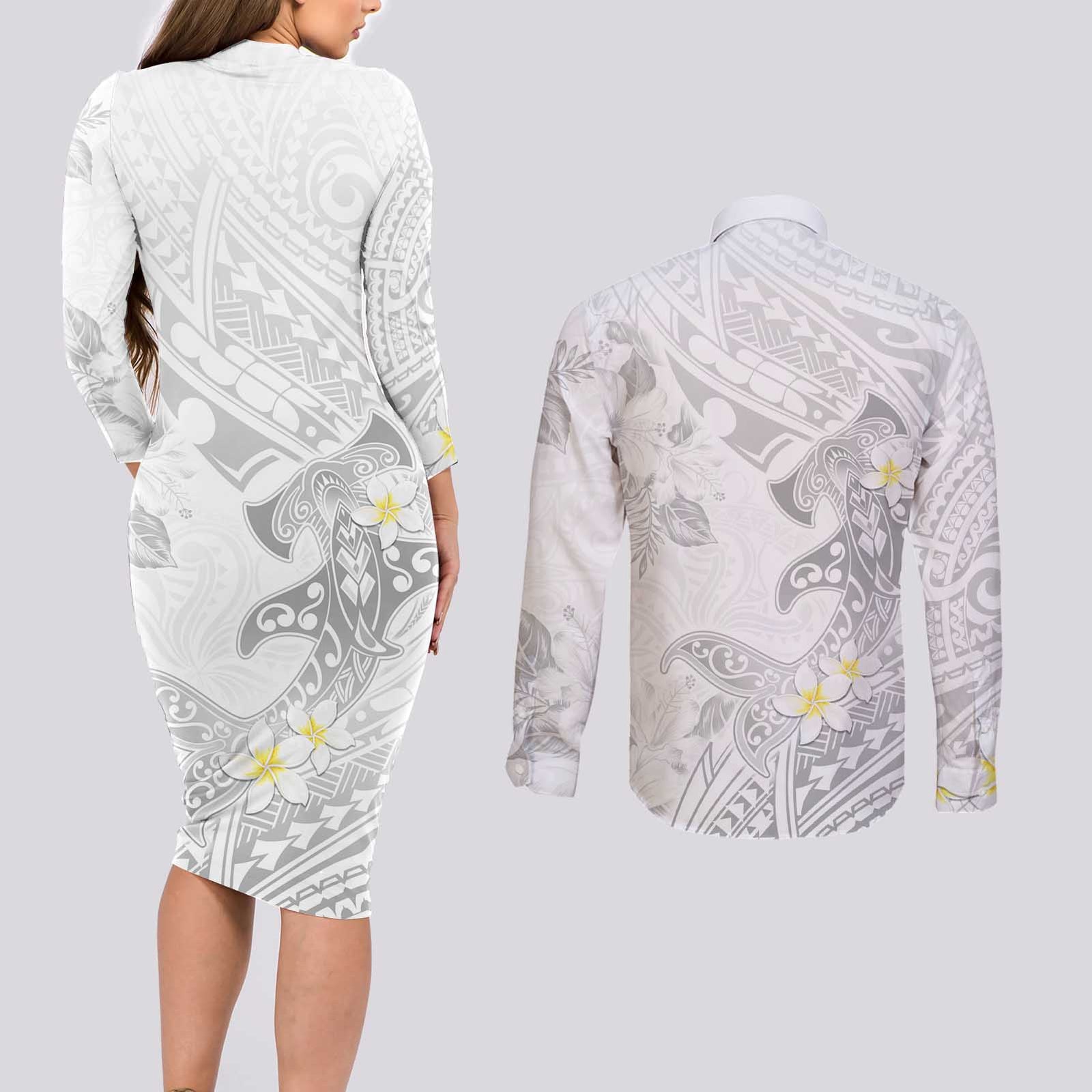 Polynesia Hammerhead Shark Couples Matching Long Sleeve Bodycon Dress and Long Sleeve Button Shirt Tropical Flowers Tribal Pattern White LT05 - Polynesian Pride