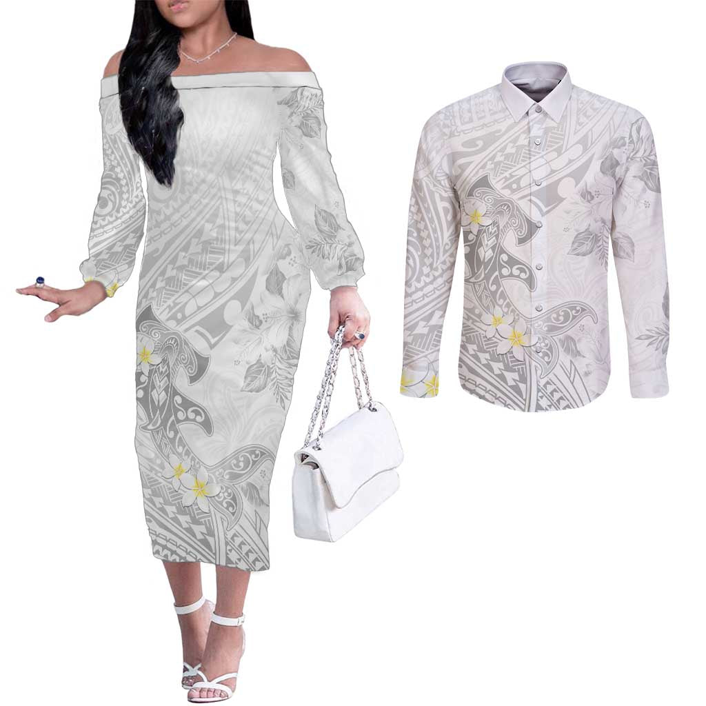 Polynesia Hammerhead Shark Couples Matching Off The Shoulder Long Sleeve Dress and Long Sleeve Button Shirt Tropical Flowers Tribal Pattern White