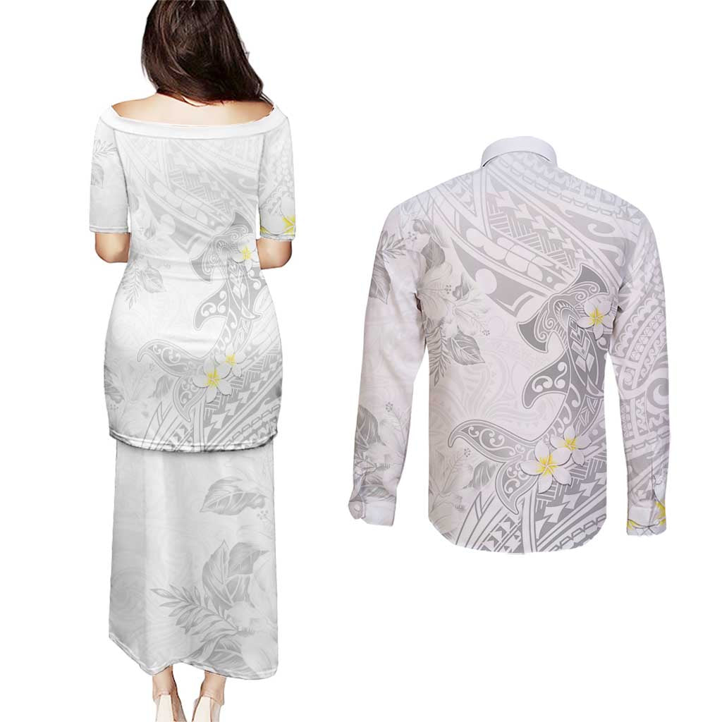 Polynesia Hammerhead Shark Couples Matching Puletasi and Long Sleeve Button Shirt Tropical Flowers Tribal Pattern White