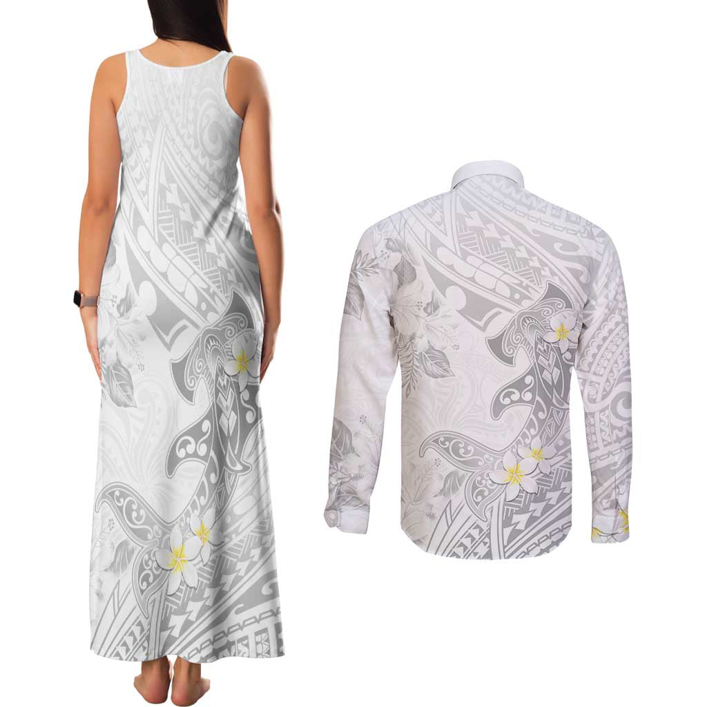Polynesia Hammerhead Shark Couples Matching Tank Maxi Dress and Long Sleeve Button Shirt Tropical Flowers Tribal Pattern White