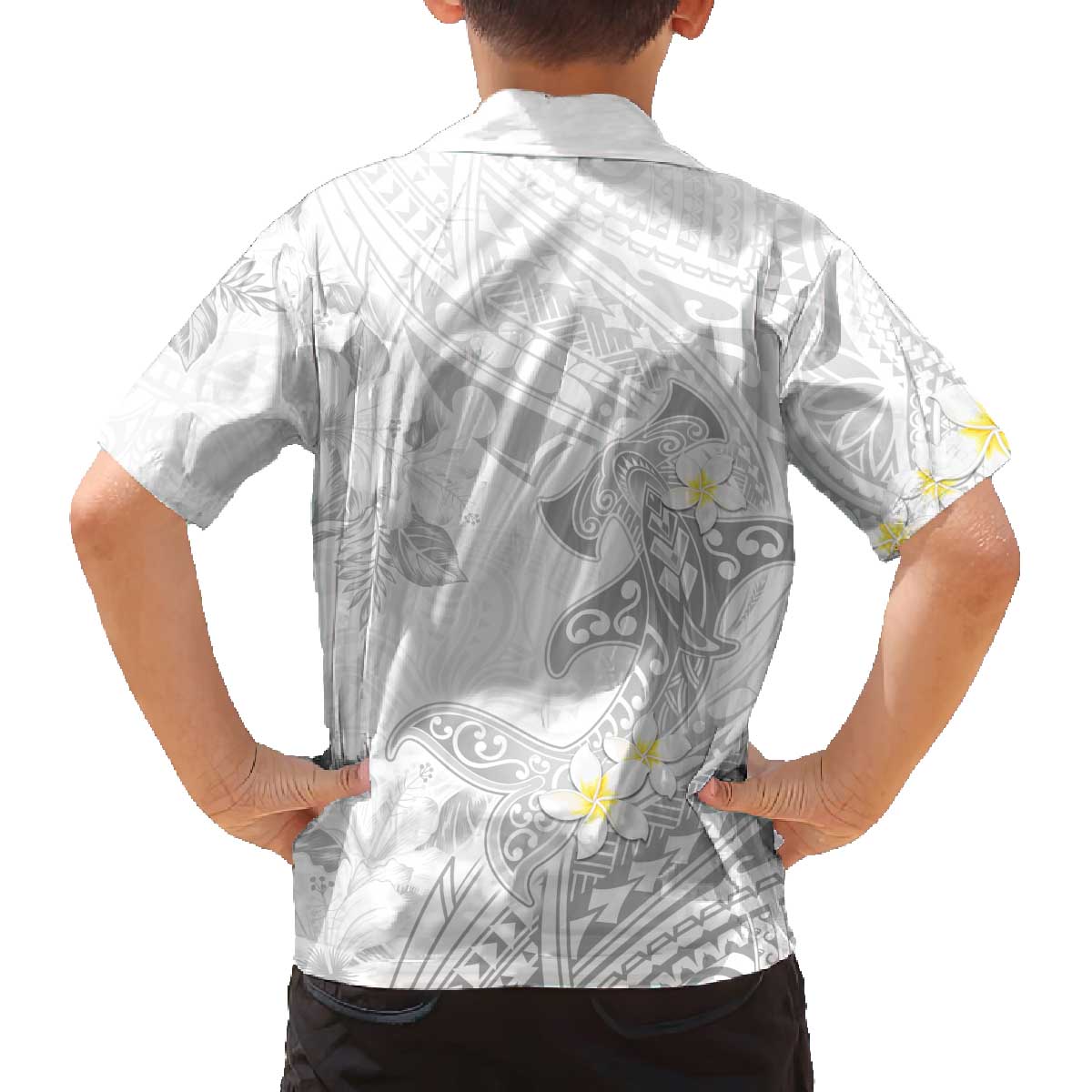 Polynesia Hammerhead Shark Family Matching Off Shoulder Short Dress and Hawaiian Shirt Tropical Flowers Tribal Pattern White