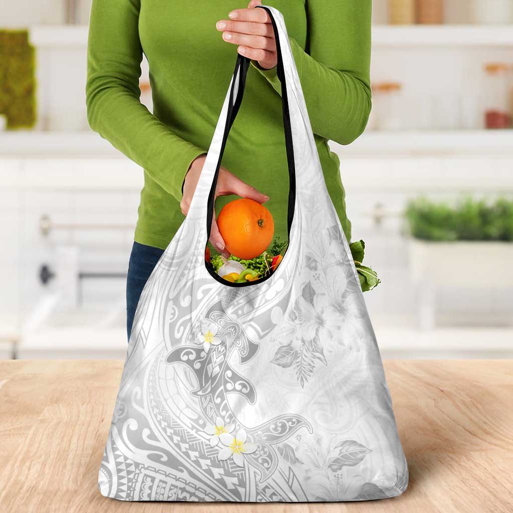 Polynesia Hammerhead Shark Grocery Bag Tropical Flowers Tribal Pattern White