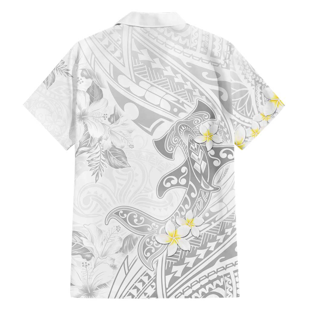 Polynesia Hammerhead Shark Hawaiian Shirt Tropical Flowers Tribal Pattern White