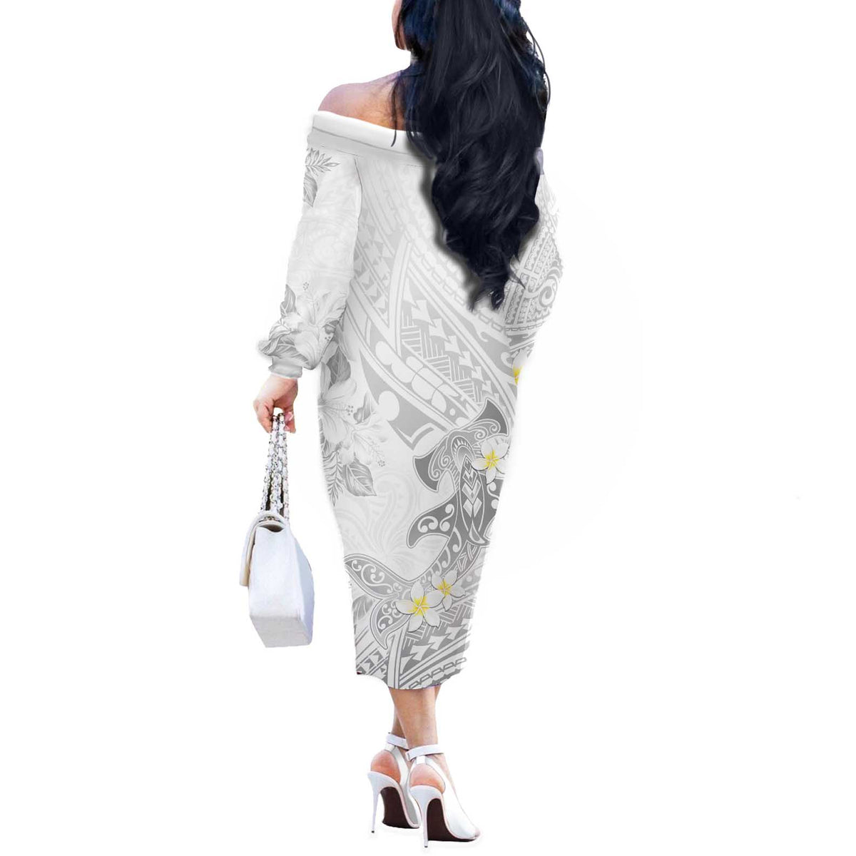 Polynesia Hammerhead Shark Off The Shoulder Long Sleeve Dress Tropical Flowers Tribal Pattern White