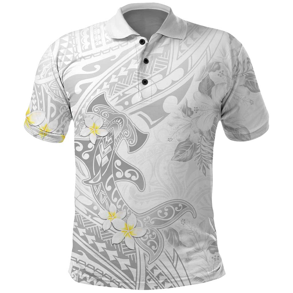 Polynesia Hammerhead Shark Polo Shirt Tropical Flowers Tribal Pattern White