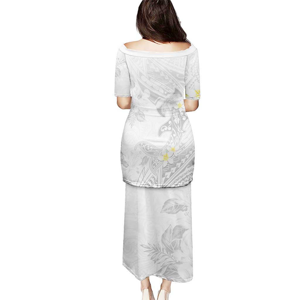 Polynesia Hammerhead Shark Puletasi Tropical Flowers Tribal Pattern White