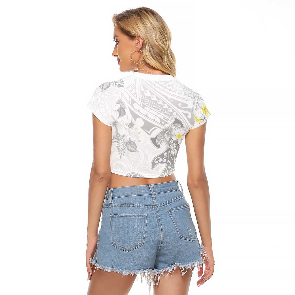 Polynesia Hammerhead Shark Raglan Cropped T Shirt Tropical Flowers Tribal Pattern White