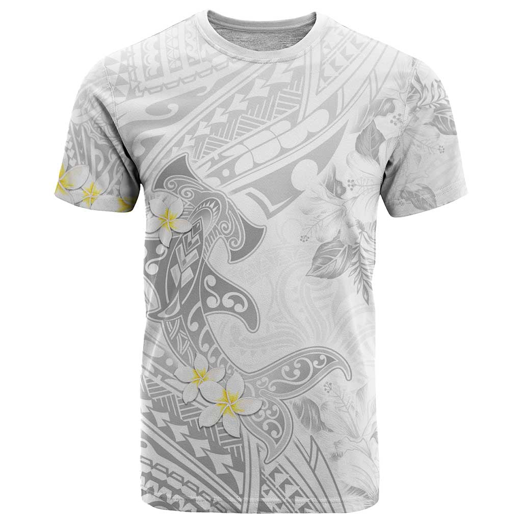 Polynesia Hammerhead Shark T Shirt Tropical Flowers Tribal Pattern White
