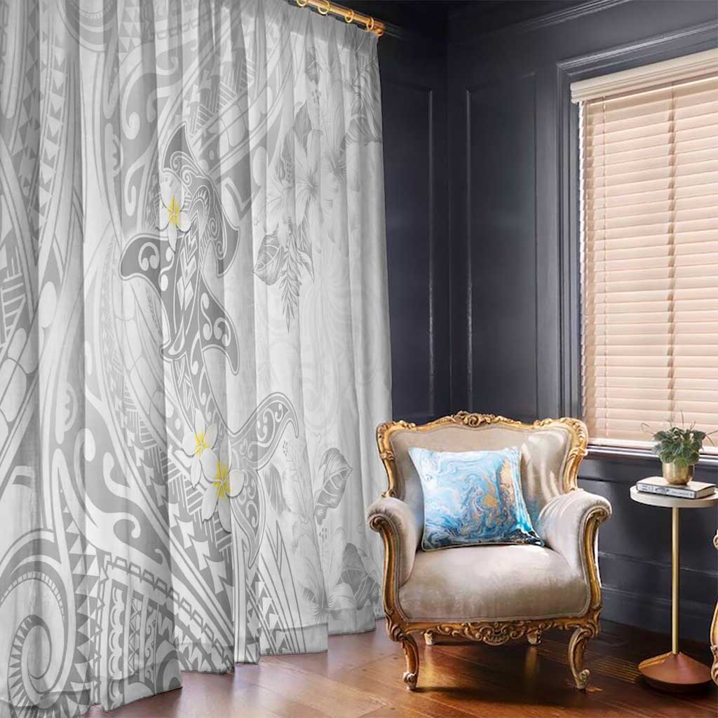 Polynesia Hammerhead Shark Window Curtain Tropical Flowers Tribal Pattern White