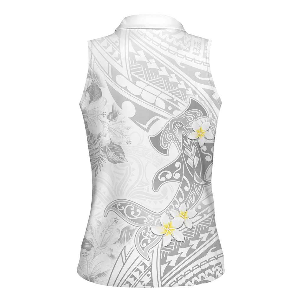 Polynesia Hammerhead Shark Women Sleeveless Polo Shirt Tropical Flowers Tribal Pattern White