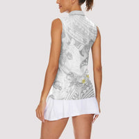 Polynesia Hammerhead Shark Women Sleeveless Polo Shirt Tropical Flowers Tribal Pattern White
