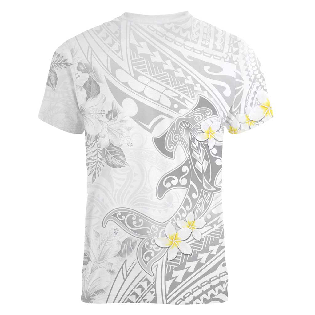 Polynesia Hammerhead Shark Women V-Neck T-Shirt Tropical Flowers Tribal Pattern White