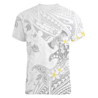 Polynesia Hammerhead Shark Women V-Neck T-Shirt Tropical Flowers Tribal Pattern White
