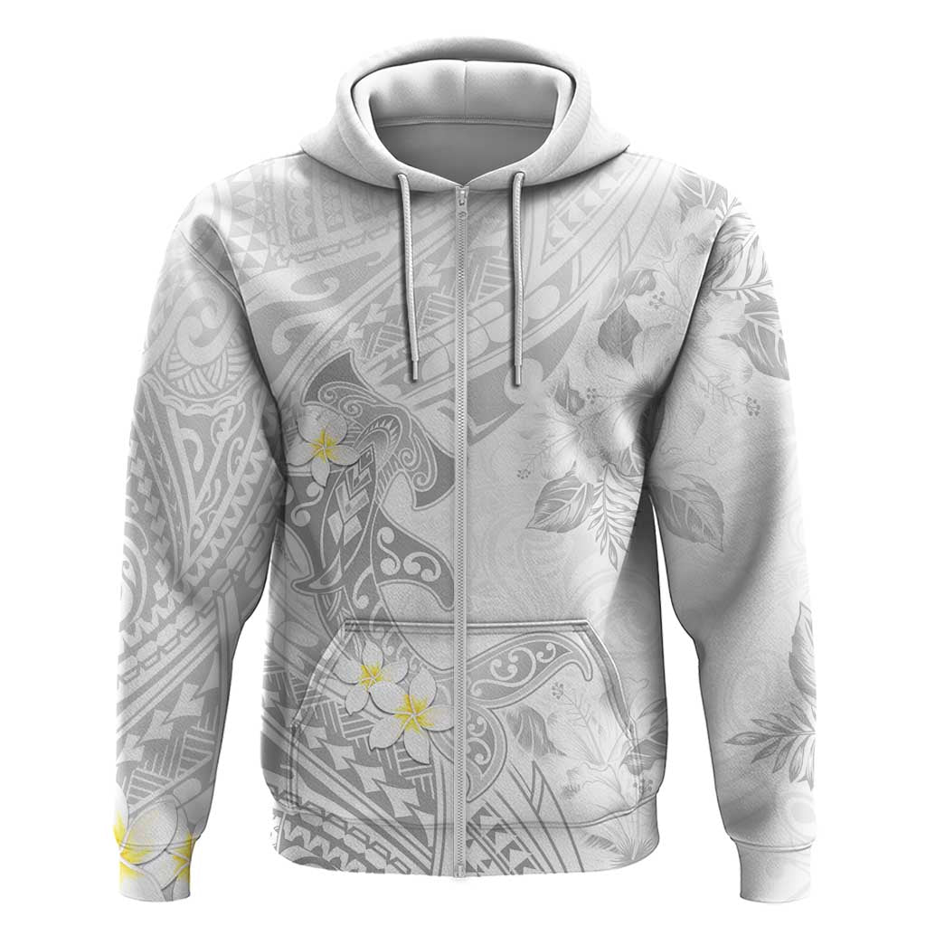 Polynesia Hammerhead Shark Zip Hoodie Tropical Flowers Tribal Pattern White LT05 Zip Hoodie White - Polynesian Pride