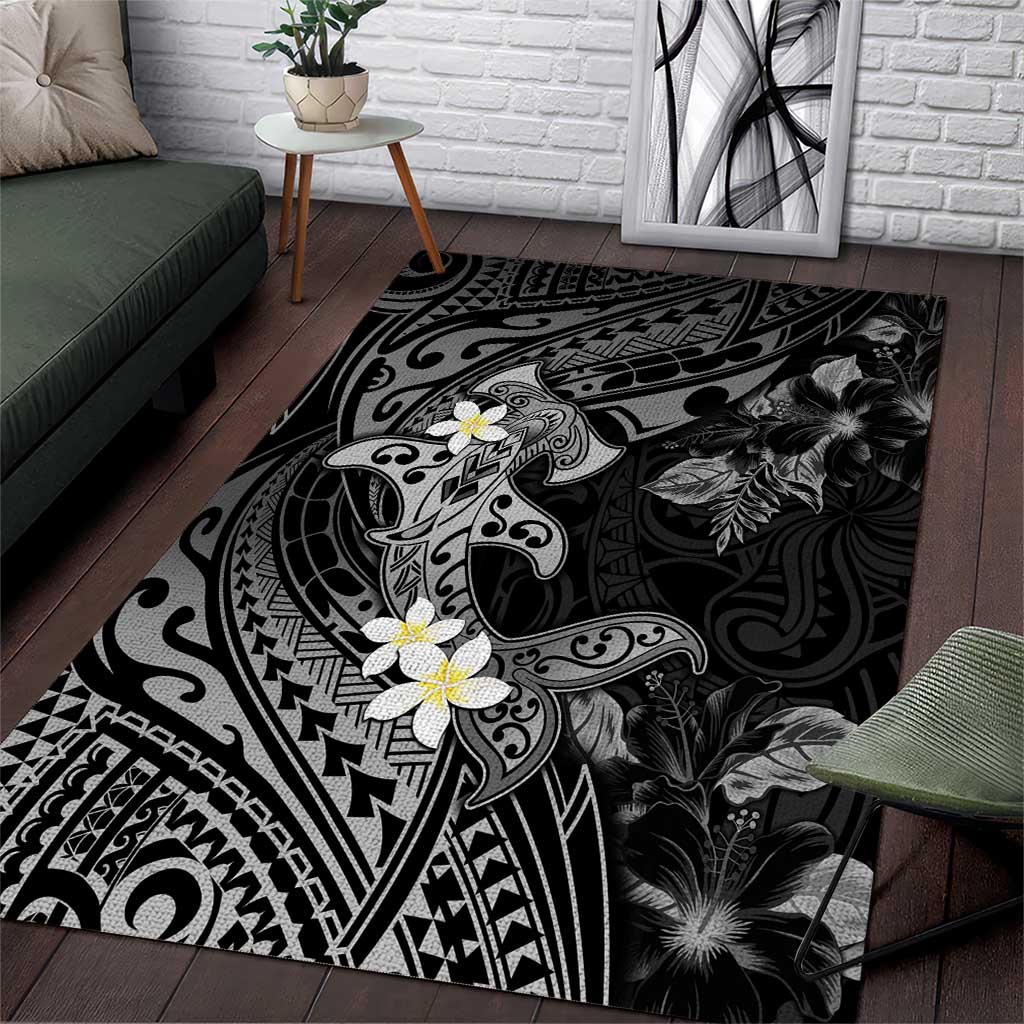 Polynesia Hammerhead Shark Area Rug Tropical Flowers Tribal Pattern Black LT05 Black - Polynesian Pride