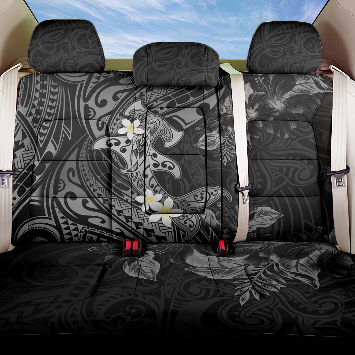 Polynesia Hammerhead Shark Back Car Seat Cover Tropical Flowers Tribal Pattern Black LT05 One Size Black - Polynesian Pride