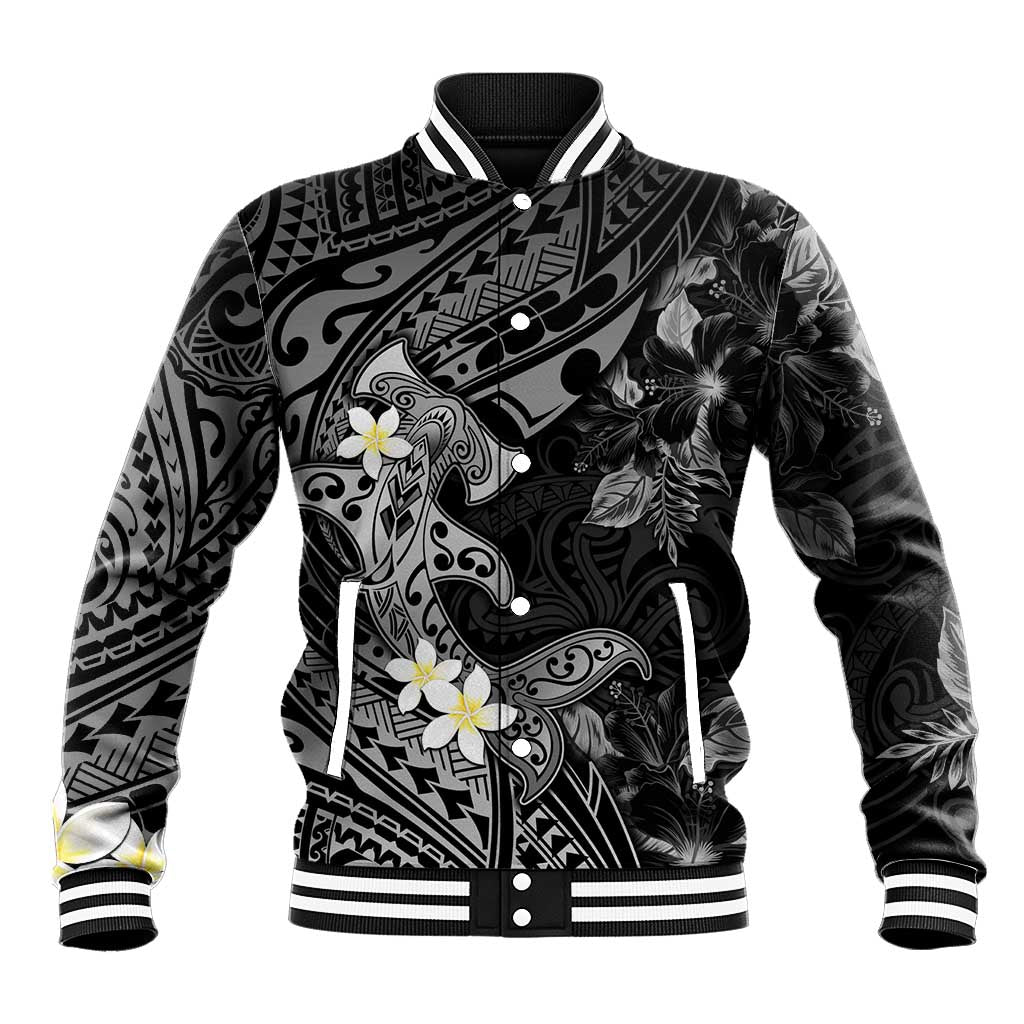 Polynesia Hammerhead Shark Baseball Jacket Tropical Flowers Tribal Pattern Black