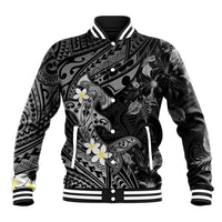 Polynesia Hammerhead Shark Baseball Jacket Tropical Flowers Tribal Pattern Black