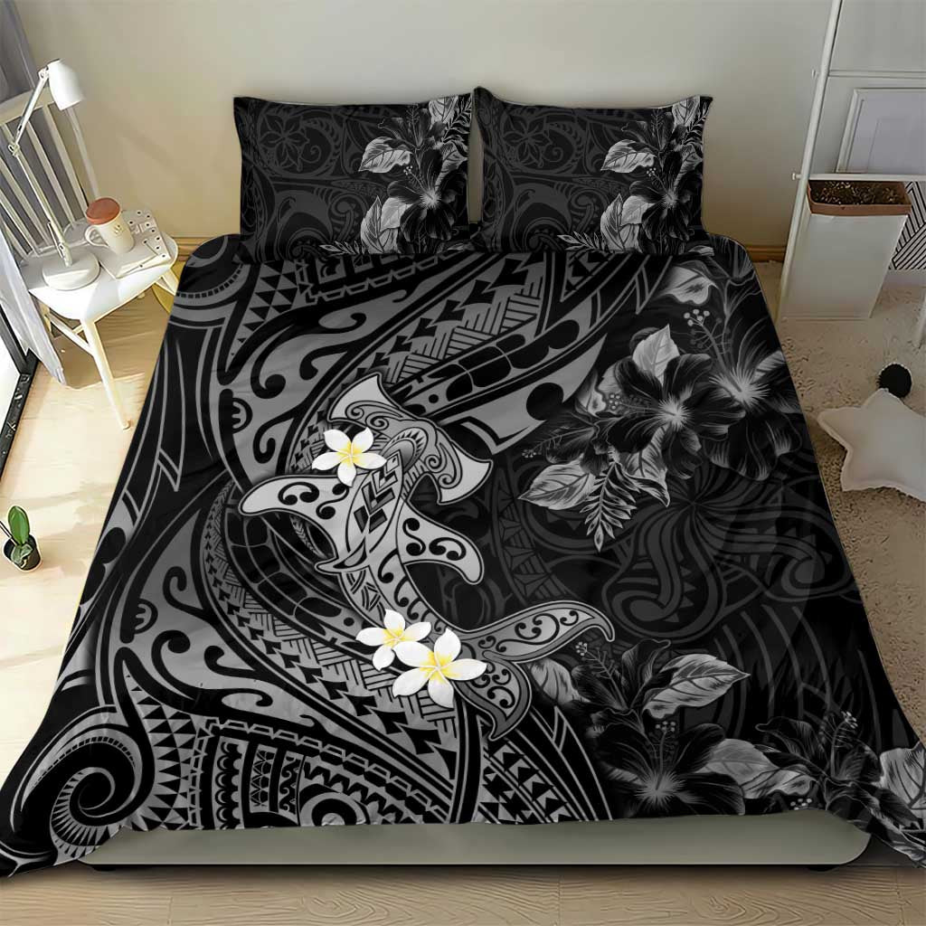 Polynesia Hammerhead Shark Bedding Set Tropical Flowers Tribal Pattern Black