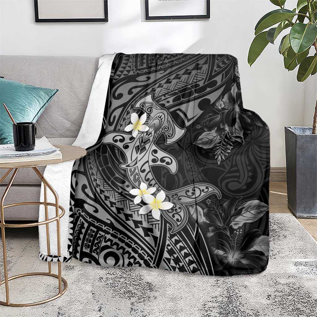 Polynesia Hammerhead Shark Blanket Tropical Flowers Tribal Pattern Black