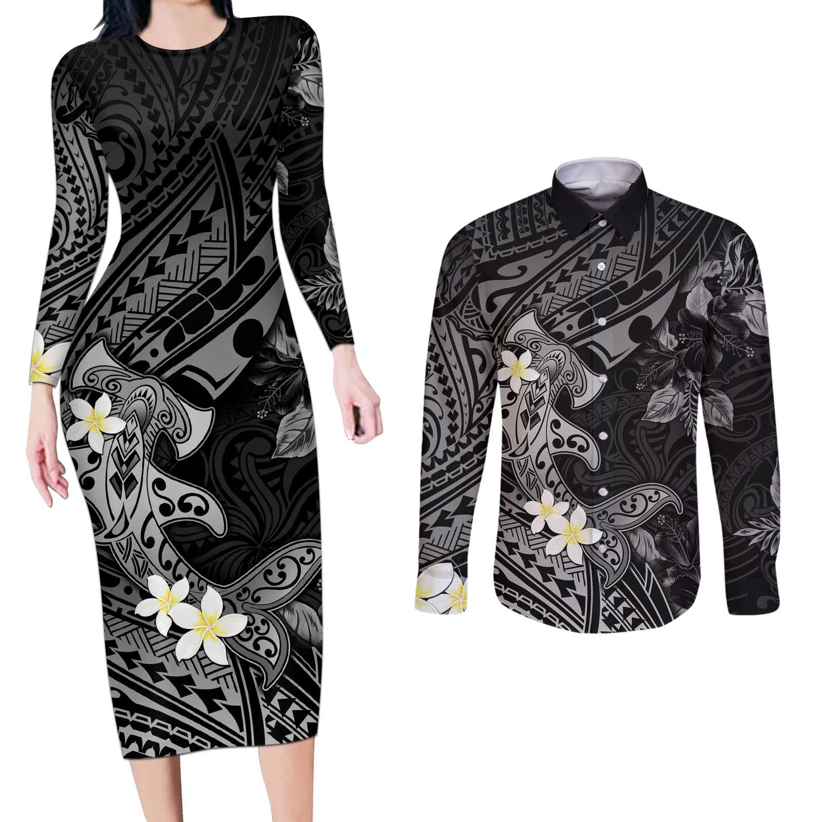 Polynesia Hammerhead Shark Couples Matching Long Sleeve Bodycon Dress and Long Sleeve Button Shirt Tropical Flowers Tribal Pattern Black LT05 Black - Polynesian Pride