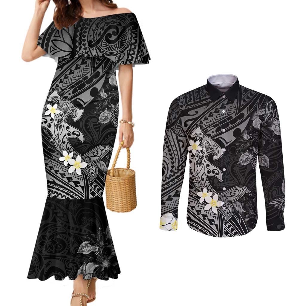 Polynesia Hammerhead Shark Couples Matching Mermaid Dress and Long Sleeve Button Shirt Tropical Flowers Tribal Pattern Black LT05 Black - Polynesian Pride