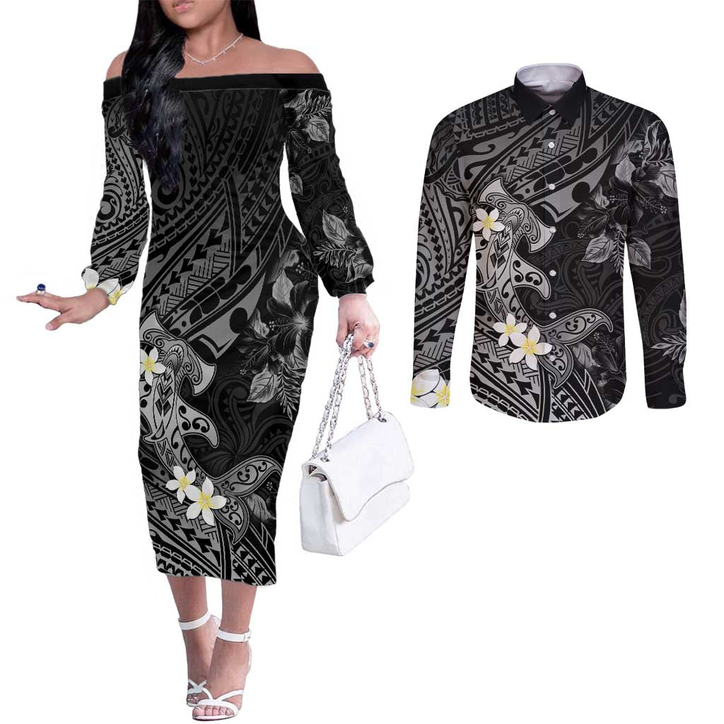 Polynesia Hammerhead Shark Couples Matching Off The Shoulder Long Sleeve Dress and Long Sleeve Button Shirt Tropical Flowers Tribal Pattern Black