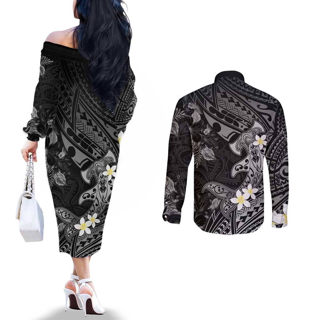 Polynesia Hammerhead Shark Couples Matching Off The Shoulder Long Sleeve Dress and Long Sleeve Button Shirt Tropical Flowers Tribal Pattern Black