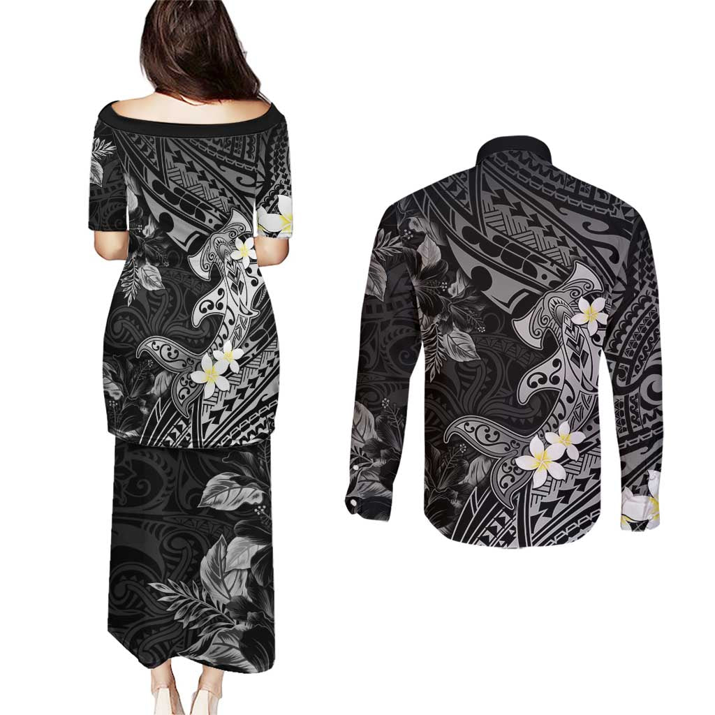 Polynesia Hammerhead Shark Couples Matching Puletasi and Long Sleeve Button Shirt Tropical Flowers Tribal Pattern Black