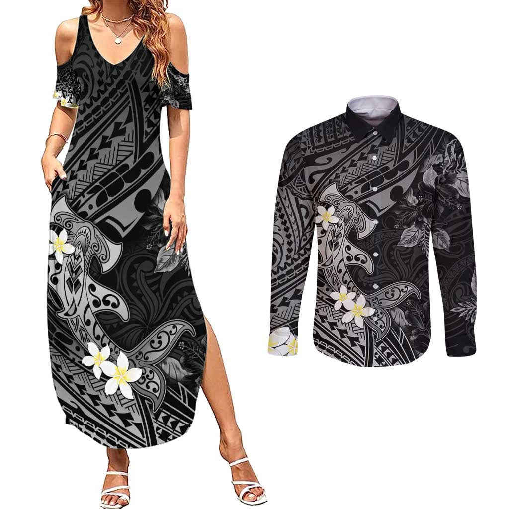 Polynesia Hammerhead Shark Couples Matching Summer Maxi Dress and Long Sleeve Button Shirt Tropical Flowers Tribal Pattern Black LT05 Black - Polynesian Pride
