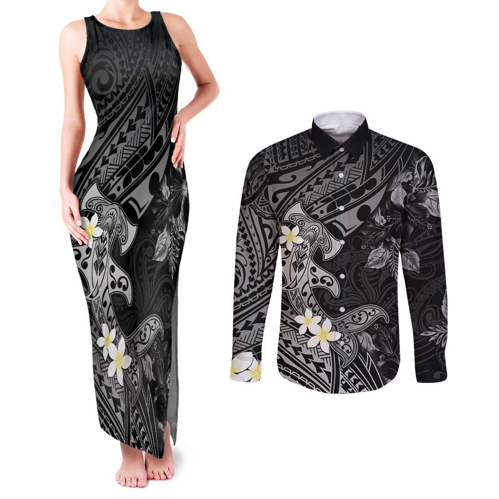 Polynesia Hammerhead Shark Couples Matching Tank Maxi Dress and Long Sleeve Button Shirt Tropical Flowers Tribal Pattern Black LT05 Black - Polynesian Pride