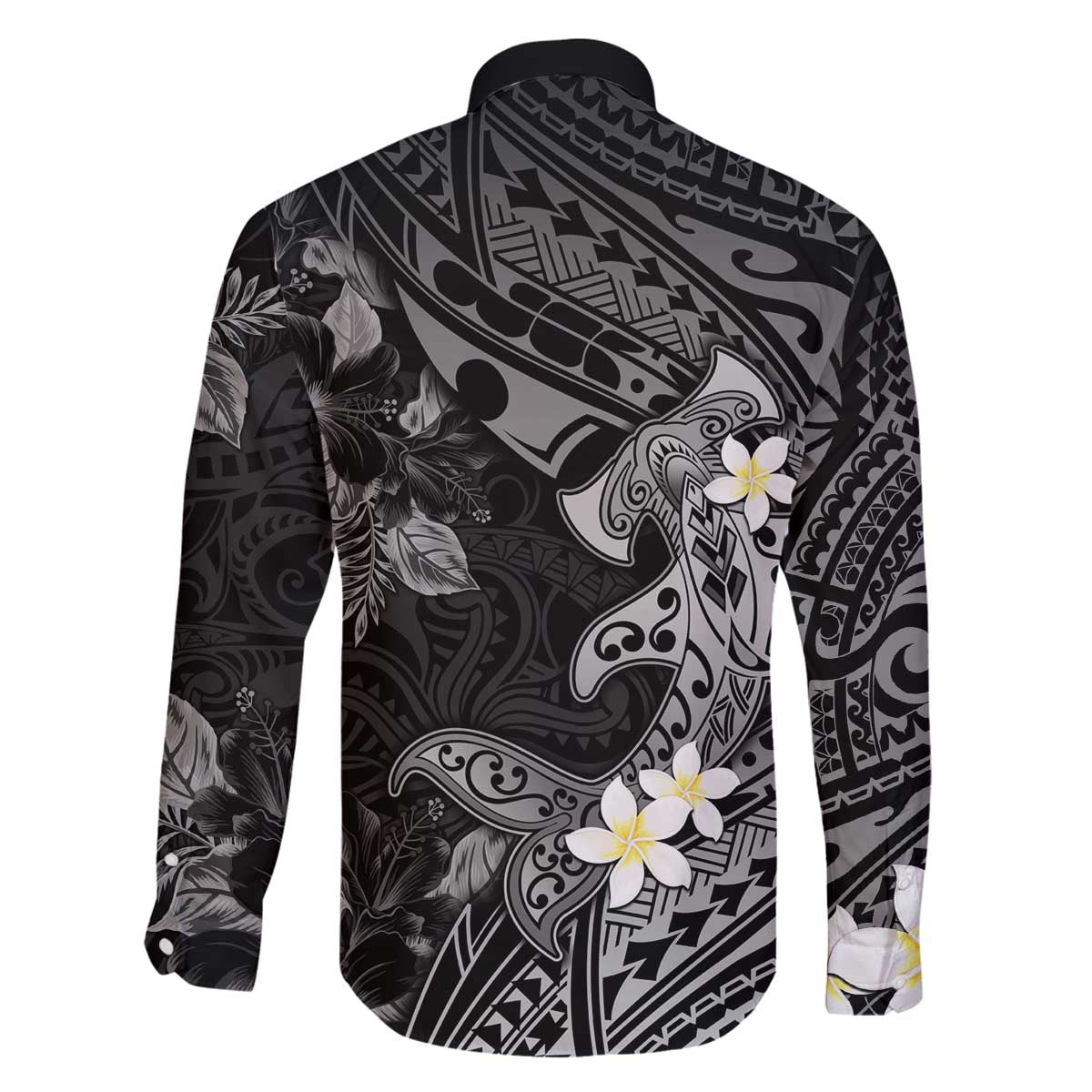 Polynesia Hammerhead Shark Family Matching Off Shoulder Short Dress and Hawaiian Shirt Tropical Flowers Tribal Pattern Black