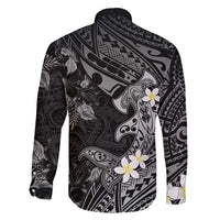 Polynesia Hammerhead Shark Family Matching Short Sleeve Bodycon Dress and Hawaiian Shirt Tropical Flowers Tribal Pattern Black